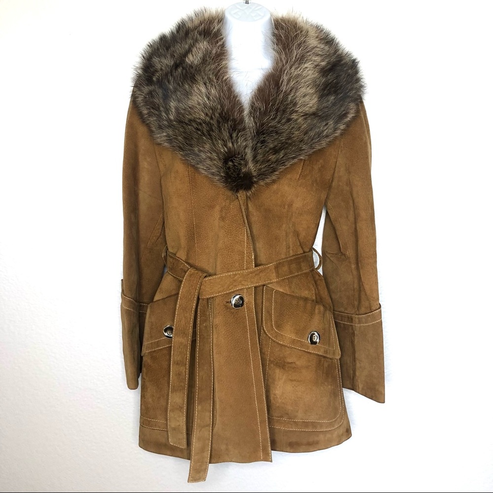 SOLD Vintage Caramel Suede & Fur Belted Coat Jacket 70s Size 40 - Picture 1 of 13